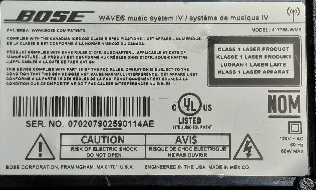 Bose Wave Music System IV bottom factory label, serial number ending in AE