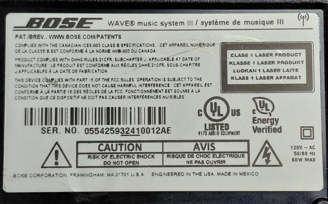Bose Wave Music System III bottom factory label, serial number ending in AE